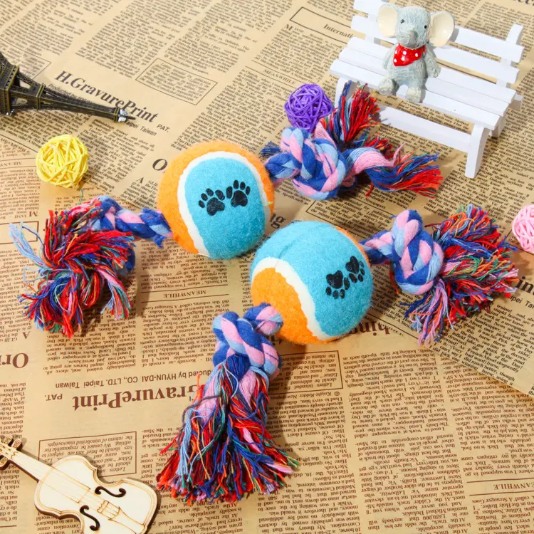 Wholesale Interactive Fun Playing Cotton Tug Toy Tough Knotted Non-Toxic Durable Dog Training Ball on Rope