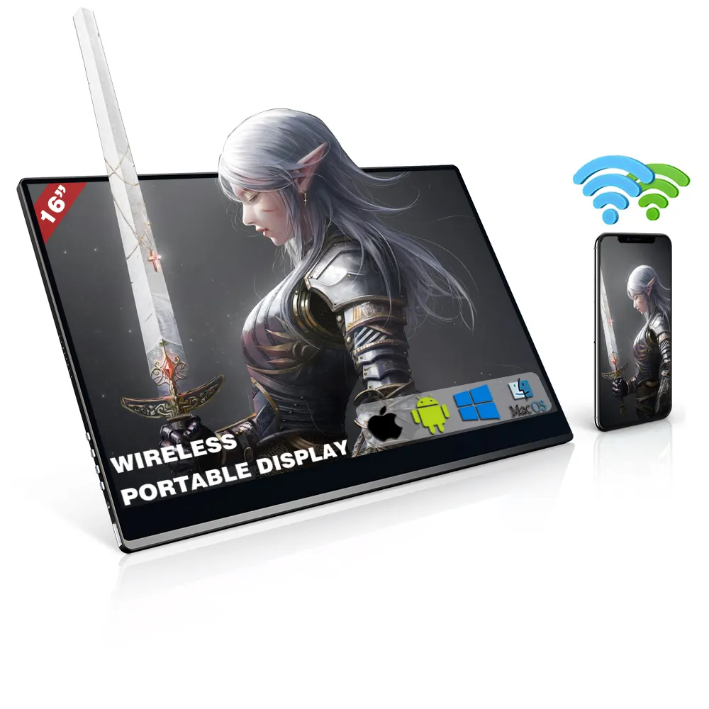 WiFi 5G kablosuz ekran dahili pil işletilen 10 nokta dokunmatik ekranı 16 inç taşınabilir 1080p oyun monitörü
