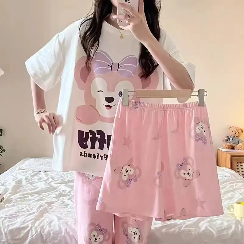 Pijama de poliéster con dibujos animados para mujer, ropa de dormir informal de manga corta para el hogar