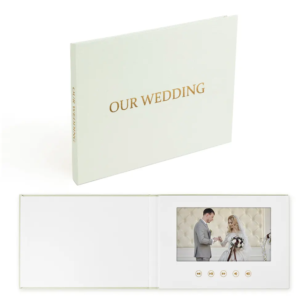 Conservazione della memoria rilegata in lino personalizzata schermo Video da 7 pollici l'opuscolo video di nozze con copertina rigida del libro visivo con lamina d'oro