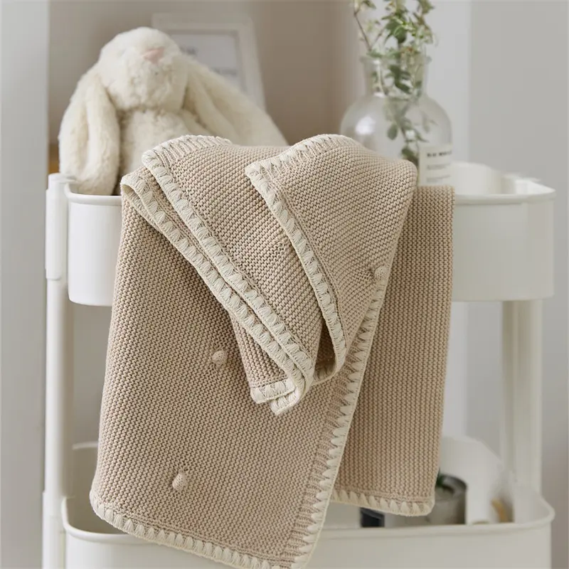 Cobertor de tricô Pomp de borda de crochê supermacio 100% algodão para bebê