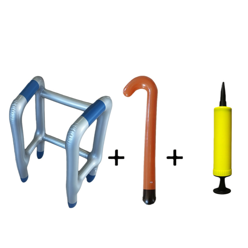 Blue walking aid, brown cane, push pump