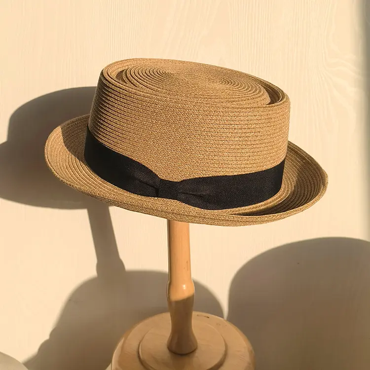 Wholesale New Fashion Summer Beach Hats Sunshade Sun Protection Flat Top Straw Hat Cap with Ribbon