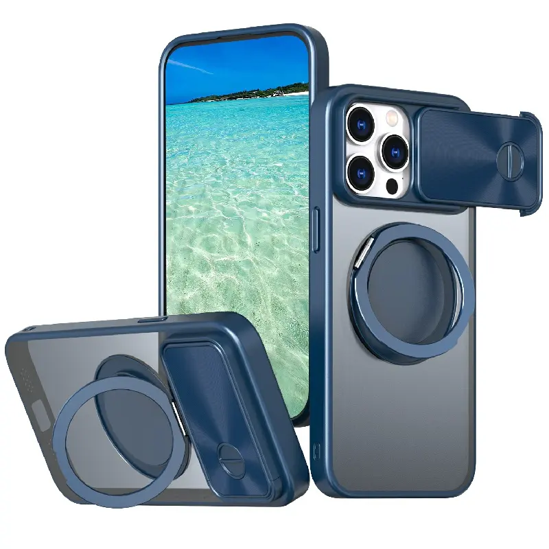 Coque arrière de téléphone à glissière pour appareil photo avec support pivotant magnétique en métal Coque de téléphone portable antichoc pour iPhone 14 15 Plus 16 Pro Max