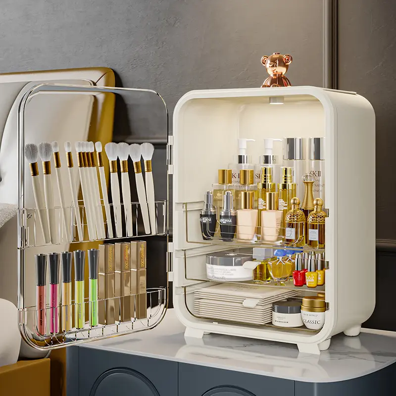 Organizador de maquillaje multifuncional para mujer, estuche de exhibición de cosméticos Led de escritorio, organizador de cuidado de la piel, caja de almacenamiento con espejo