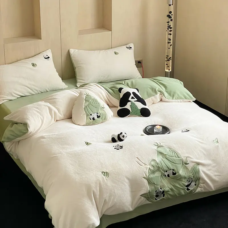 High-end Soft Sticky Skin Friendly Warm Thickened Milk Velvet Four Piece Set Embroidered Panda Warm Bedding