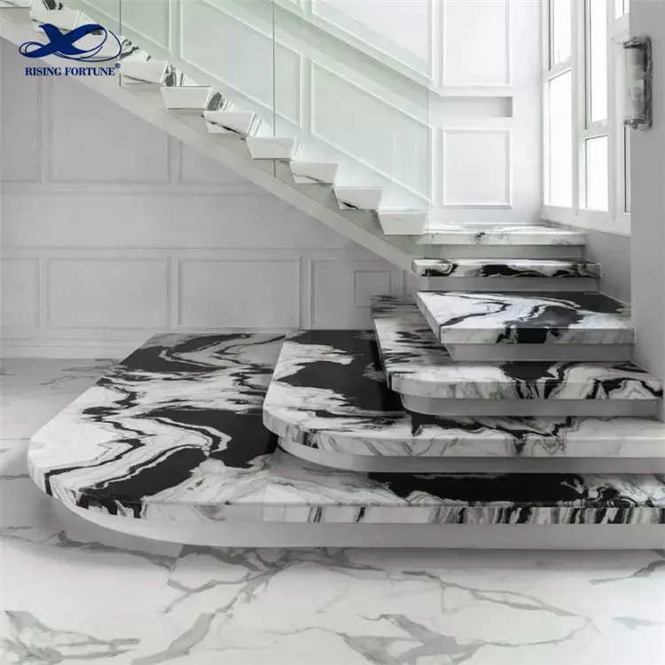 중국 팬더 흰색 대리석 슬라브 벽 타일 광택 큰 크기 계단 단계 바닥 일치 돌 얇은 패널 실내 장식