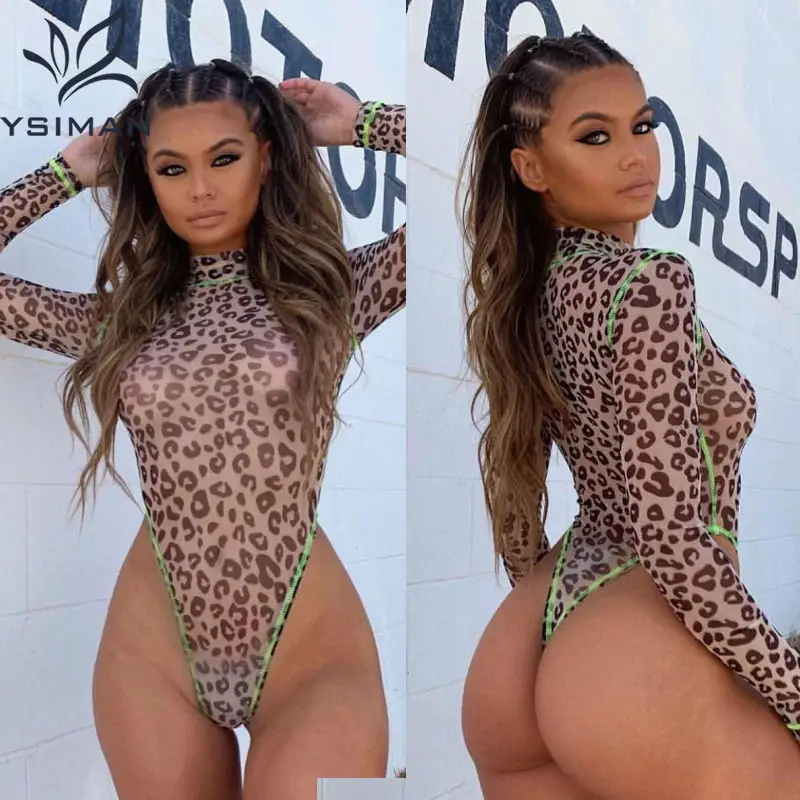 Feminino maiô de Uma peça de malha de manga comprida para as mulheres leopardo monokini alta corte tanga transparente swimwear beachwear