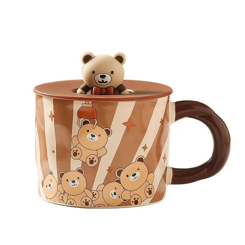 Cartoon Cute Bear Mug Good-Looking Couple Water Cup Creativity With Lid Ceramic Cup Household Girls' Breakfast Cup
