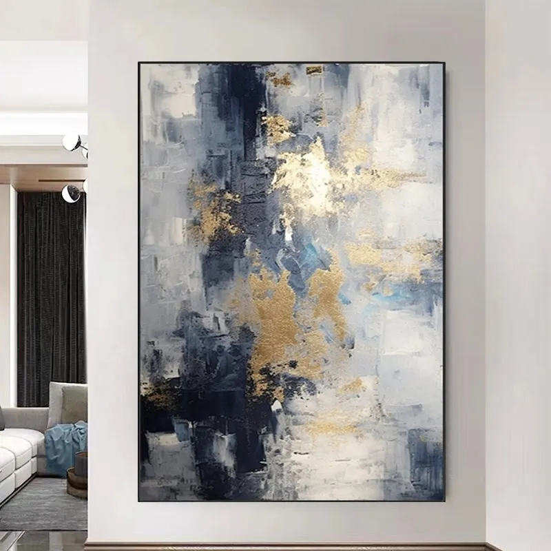 Pintura abstracta moderna, pintura al óleo de lámina de oro hecha a mano minimalista grande sobre lienzo, pintura de arte de pared texturizada para decoración del hogar