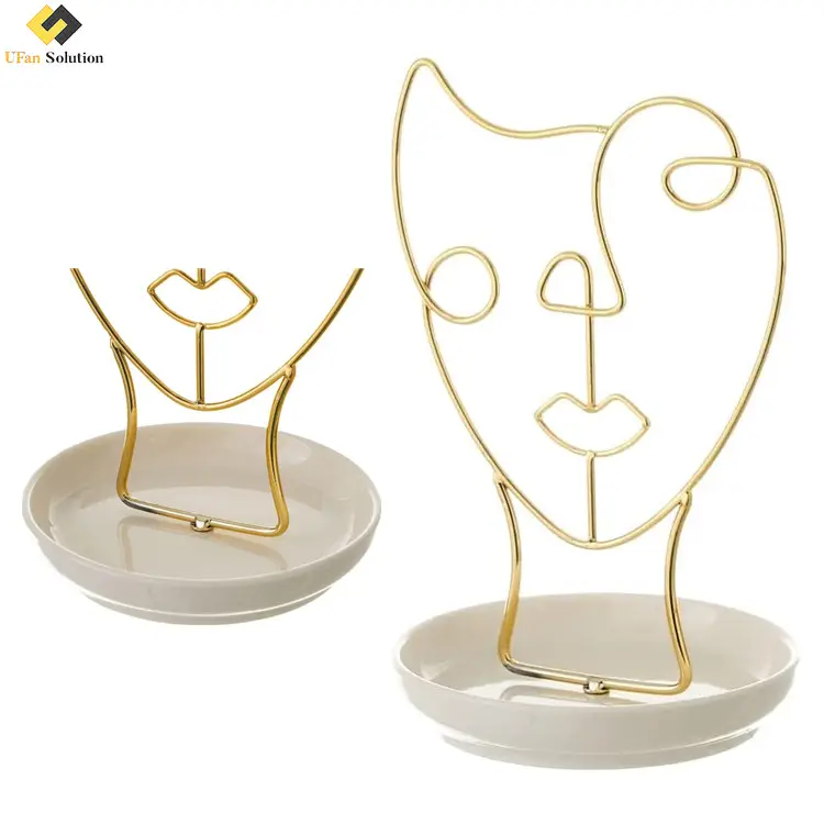 Đồ trang sức hiện đại đại-brass tone dây kim loại trừu tượng khuôn mặt thiết kế trang sức Rack với chiếc nhẫn món ăn Tabletop Vòng Cổ Vòng đeo tay Bông tai