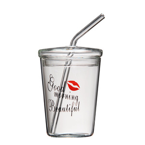 350ml Cute Printing Drinking Glasses / <strong>Cup</strong> / Mug Tumblers Straw Mugs with Glass Lids and Glass Modern Round Within 7 Days - Product Image 4