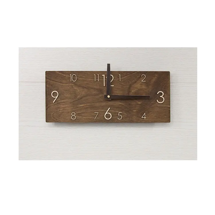 Reloj de pared de madera rectangular moderno Reloj de pared de madera teñido en marrón oscuro con figuras de madera contrachapada