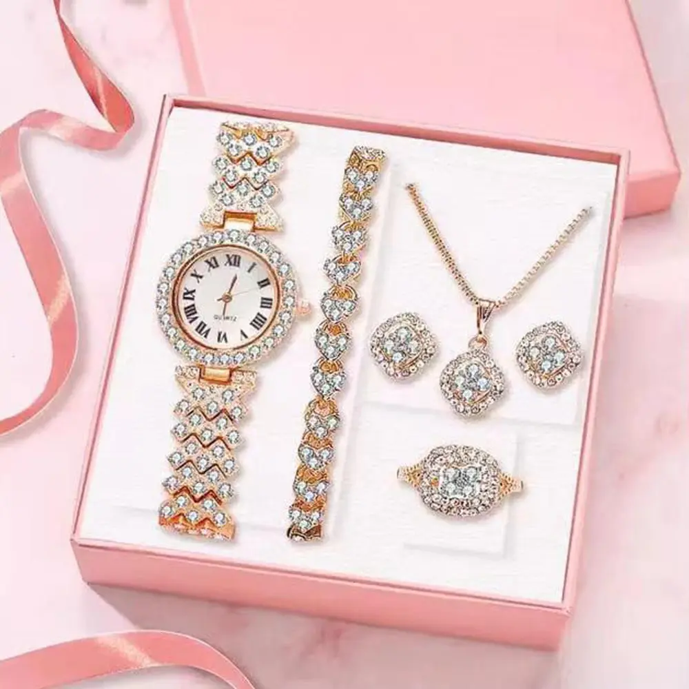 Moda de lujo completo cristal 5 uds reloj conjunto diamante collar pendientes conjunto joyería para mujer regalo