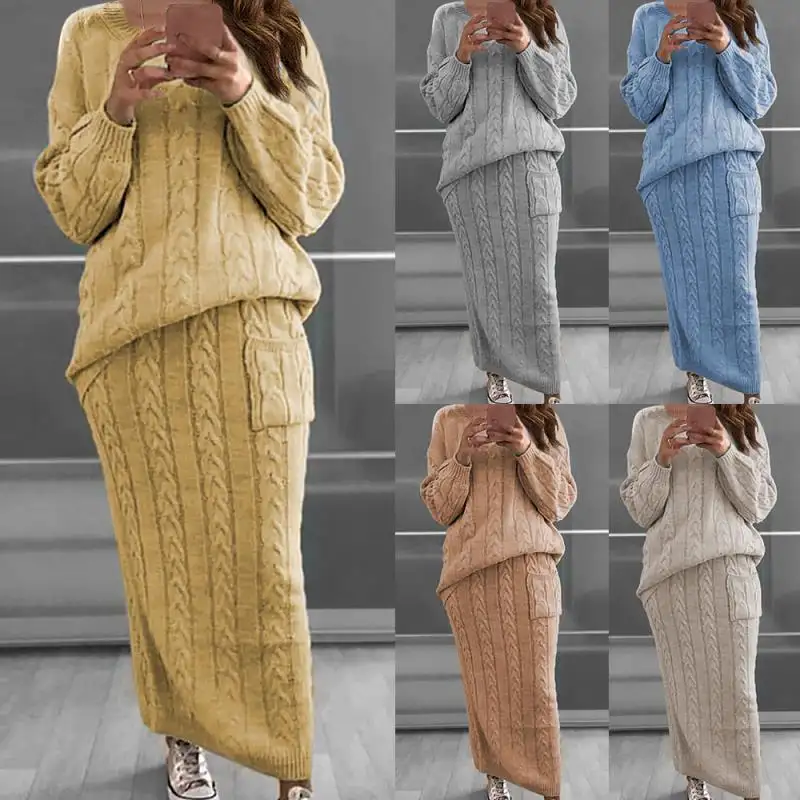 Saf renk moda büyük boy kumaş kadınlar kış sıcak için iki parçalı uzun kazak etek seti