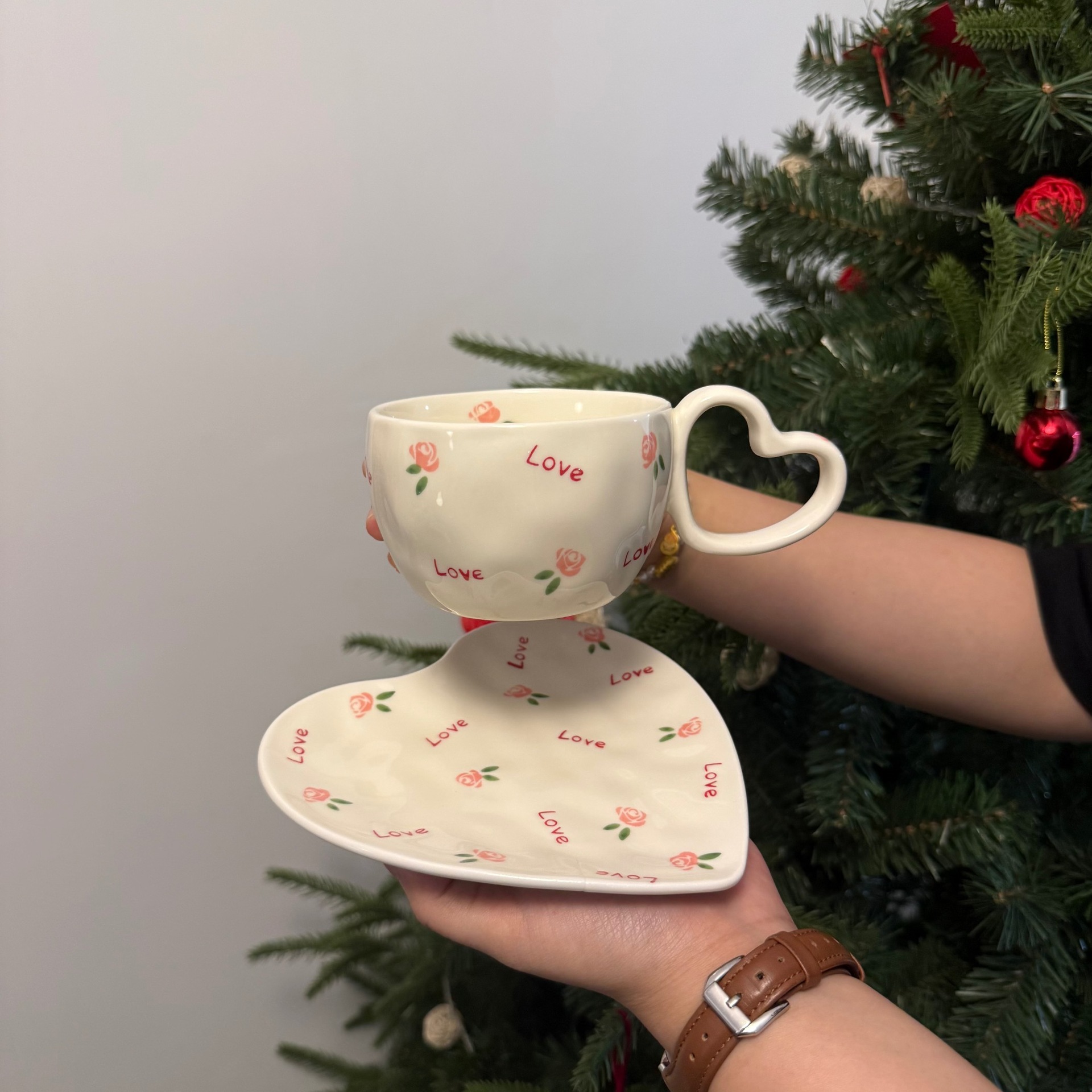 Pink rose floral cup 280ml + saucer 15.3*14.2cm