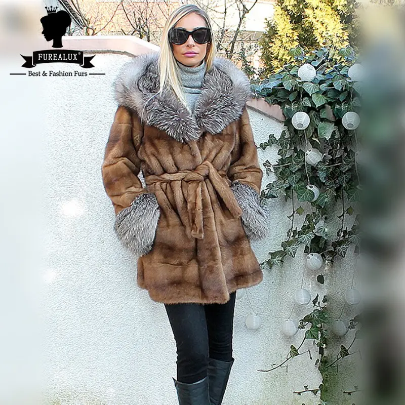 Giacca di pelliccia di visone importata di alta qualità da donna invernale in vera pelliccia di visone con cappuccio e vestiti di lusso con volpe argentata Oversize