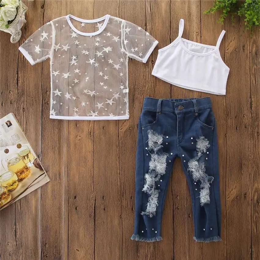 2019 di nuovo Modo Del Bambino Delle Ragazze Dei Capretti Manica Corta Stella T-Shirt Top pantaloni Denim del Foro della perla Dei Jeans 2PCS Dei Vestiti Set