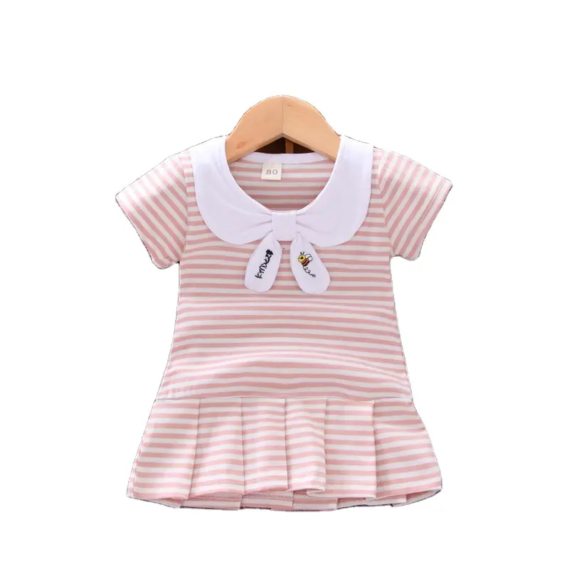 Vestido de verano para niñas de 1 a 5 años, Falda plisada de manga corta con solapa a rayas