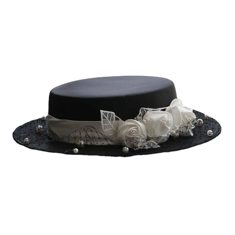 A343 francés Vintage Hepburn Estilo negro moda sombrero malla elegante y elegante vestido de novia sombrero de copa plana