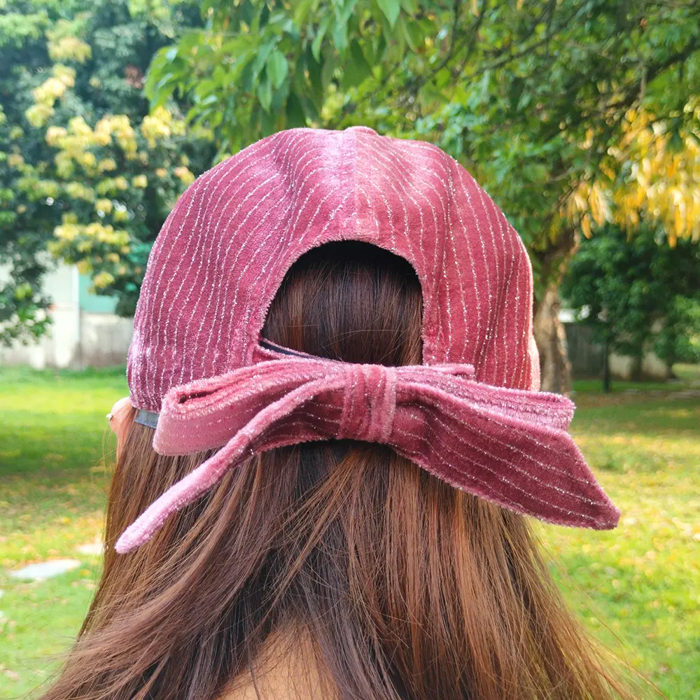 High Quality Pink Stripe 6 Panel Velvet Baseball Caps Bowknot Snapback Sport Hat