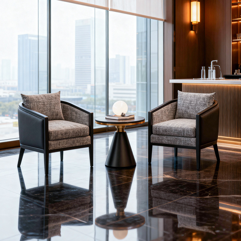 Mesa auxiliar de 50 cm y 2 sillones negros.