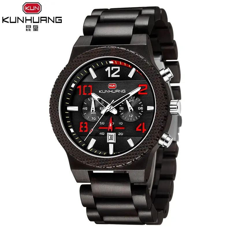 Kunhuang relógio de pulso, 1015 masculino, personalizado, relógio de quartzo, elegante, pulseira de madeira, cronógrafo à prova d' água, vintage, casual