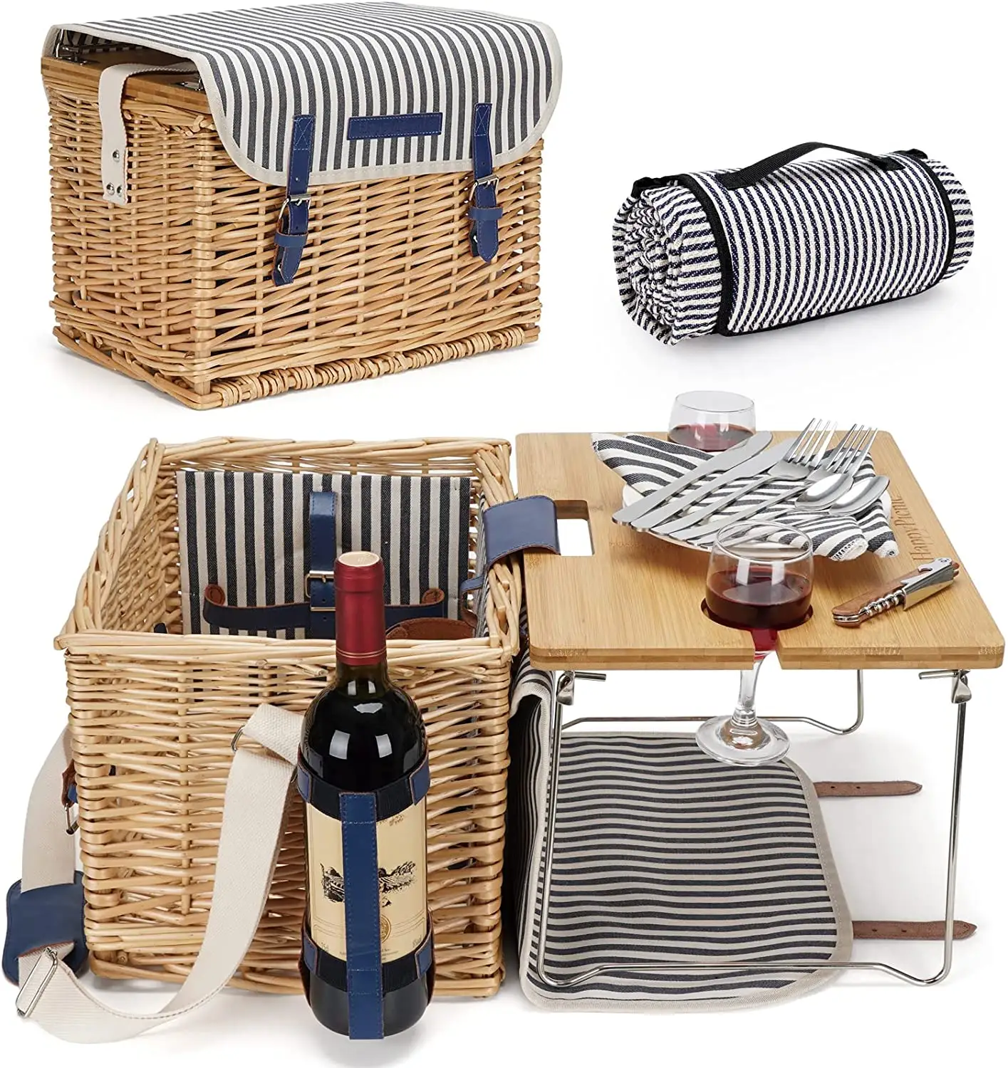 Willow Hamper Service Gift Set com Bambu Wine Table Wicker Piquenique Basket para 3 Pessoas Piquenique set