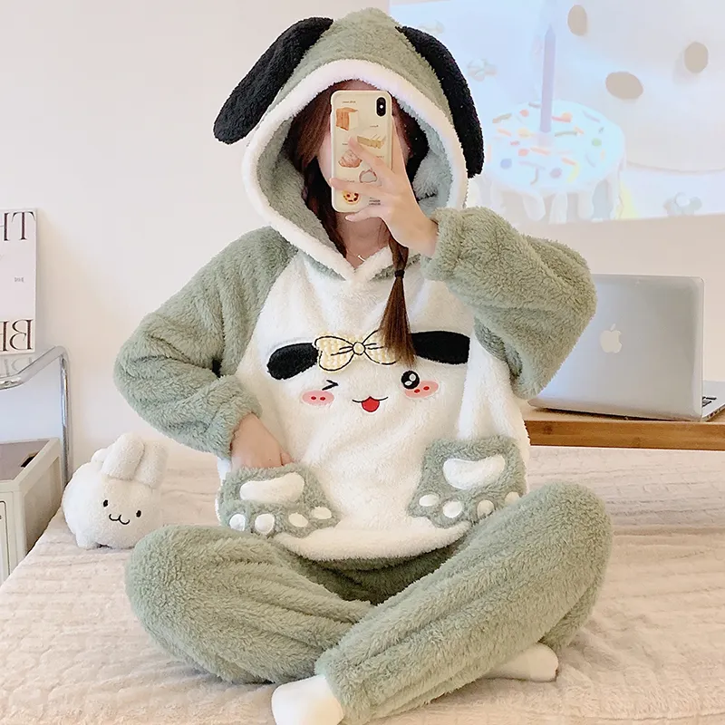 Hiver Nouveau Peluche Pyjamas Femmes Cute Cartoon Pullover Hooded Home Clothes sleepwear Set