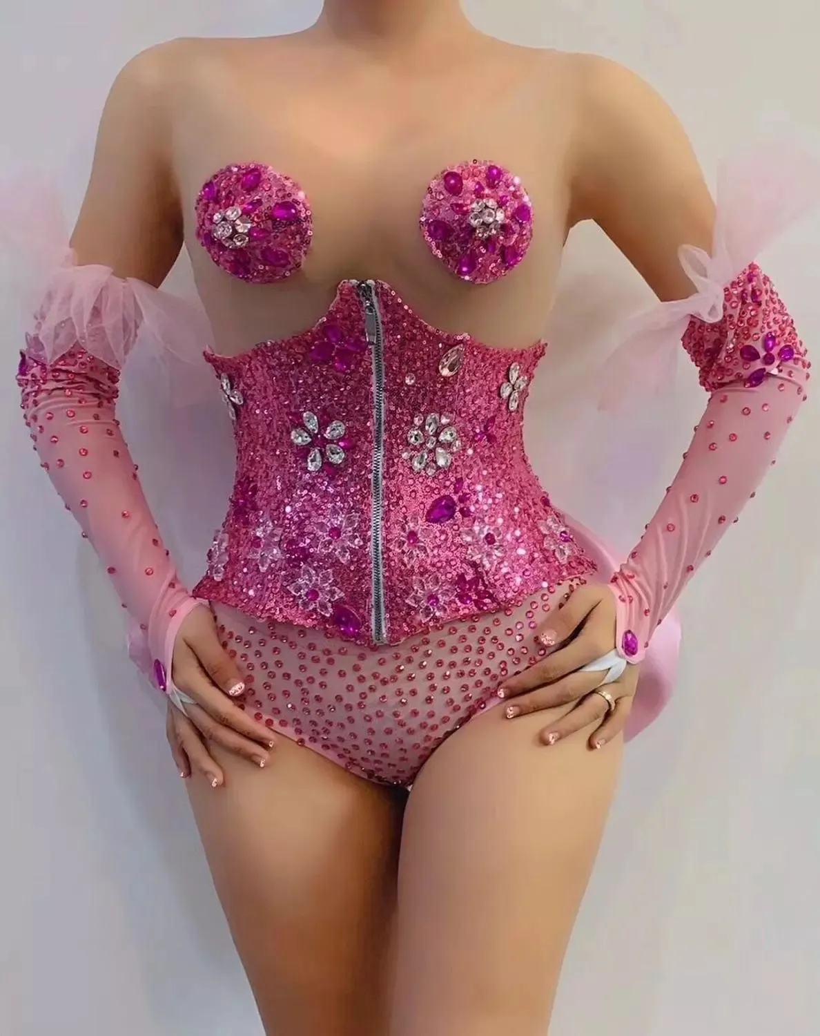 핑크 라인 석 투명 Bodysuit 장갑 스팽글 보우 벨트 파티 여성 댄스 쇼 착용 생일 복장