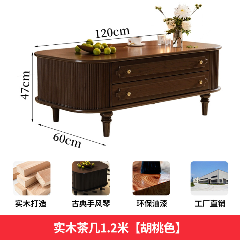 Table basse en bois massif, 1,2 mètres de long, couleur noyer.