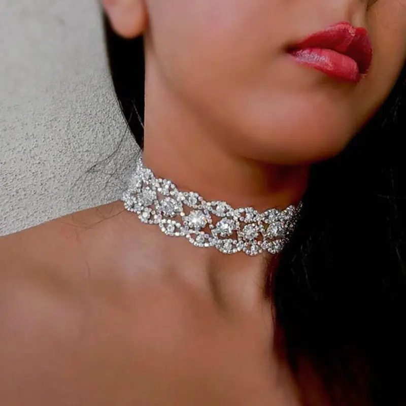 Statement Silber Farbe Kristall Stein Halskette Halsreif für Frauen Mode Bling Strass Kragen Halskette Schmuck