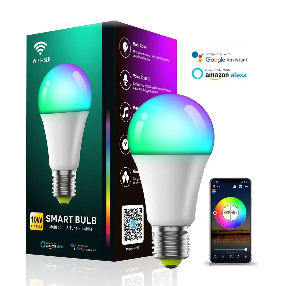 Bohlam Lampu Pintar WiFi 9W 10W, Bohlam Lampu Cerdas Mendukung Amazon Alexa dan Google Home Pengontrol Suara RGBCW Peredup E27 E26