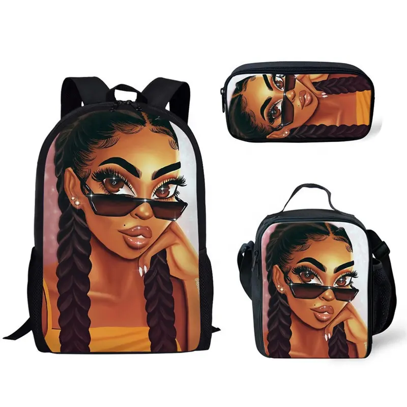 Black Art Afro Girl Lady Printed Kids Student Bags 3ピース/セットSchool Bags Backpack Teenagers Shoulder Bookbag Mochila Escolares