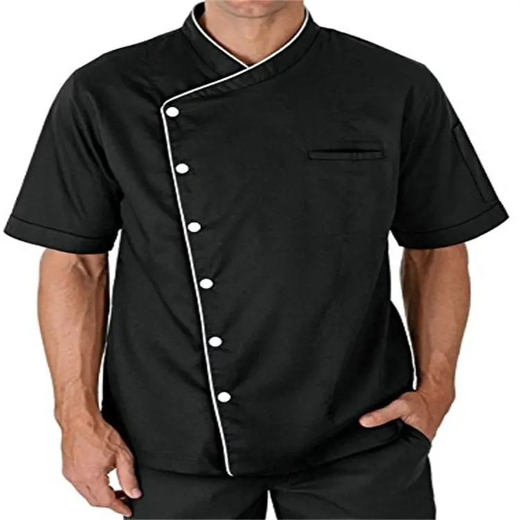 Precio barato personalizado Chef uniforme ejecutivo negro Chef chaqueta abrigo TC 80% Poly 20% algodón restaurante Bar uniformes para hombres