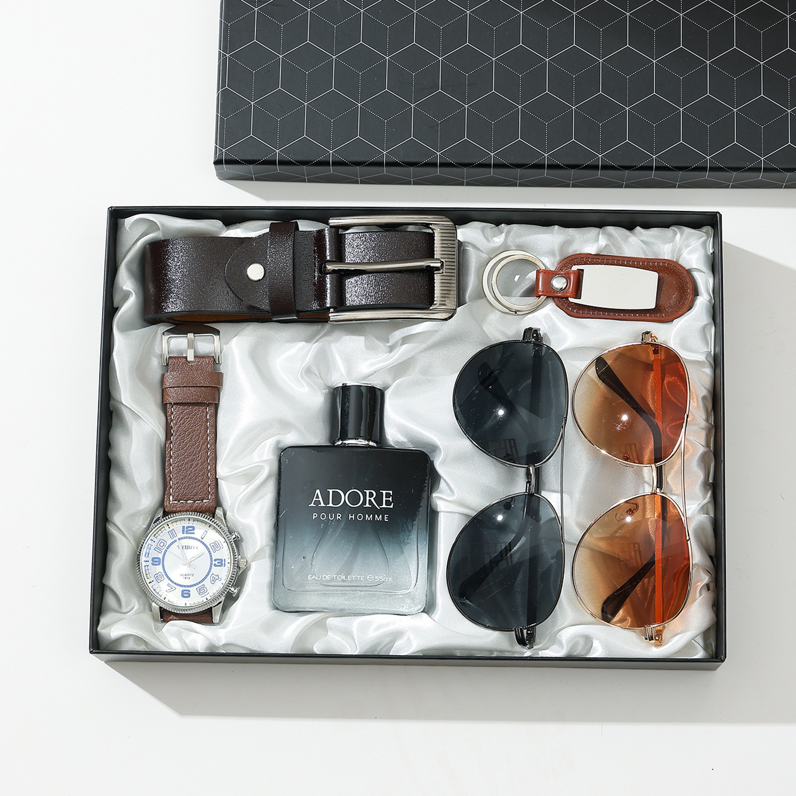 Cintura marrone-portachiavi- orologio-profumo-occhiali da sole-squisita confezione regalo