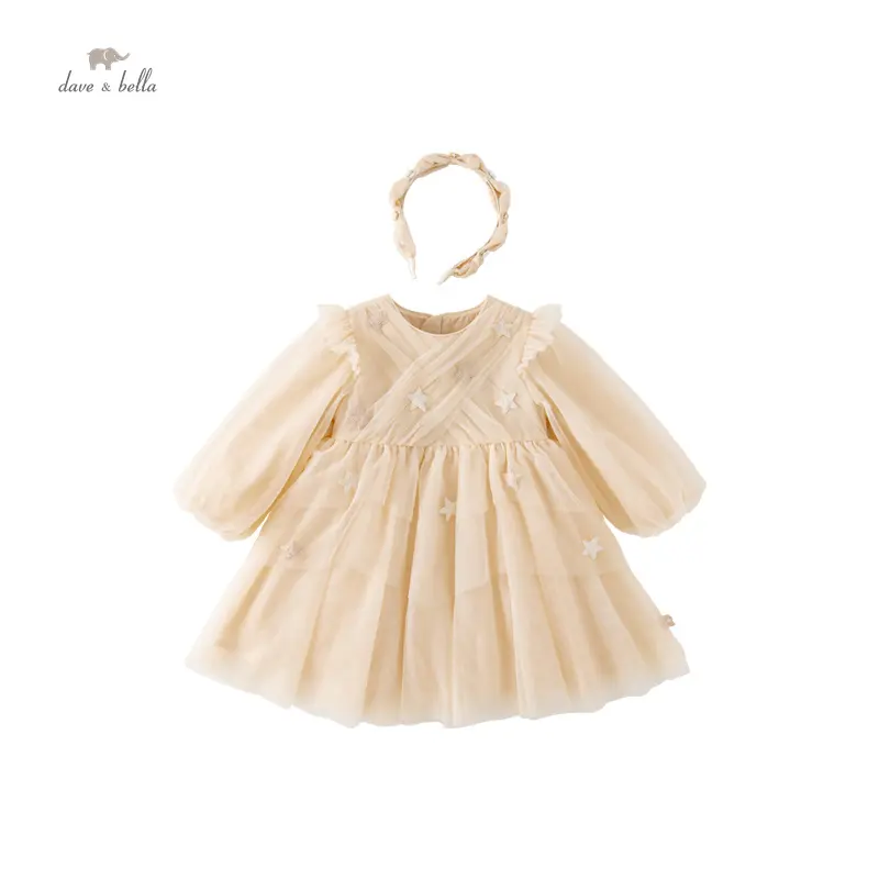 DB3236475 DAVE BELLA autunno bambini ragazze Beige Fashion Mesh Fly Sleeves Casual Cute Star Decoration Princess Dress