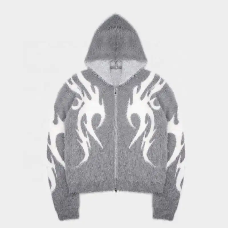 Diseño personalizado Mohair Zip Hoodie Hombres Invierno Knit Fuzzy Fluffy Mohair Oversized Knitwear Sweater Jacquard Mohair Hoodie Jacket