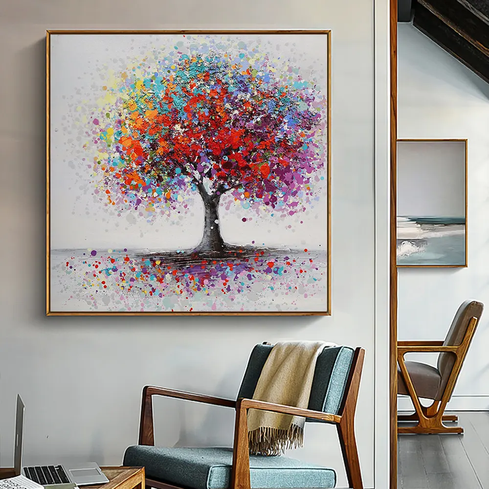 Vente en gros 100% paysage fait main peinture à l'huile arbre coloré abstrait avec décor d'art mural en toile texturée lourde