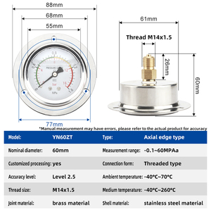 Axial Edge Shock Resistant Digital <span class=keywords><strong>Pressure</strong></span> <span class=keywords><strong>Gauge</strong></span> YN-60ZT Stainless Steel Precisão Classe 2.5 Pressão Pressão De Pressão De Óleo - Product Image 4