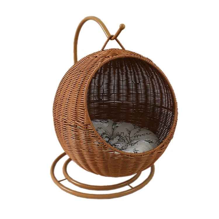 猫のケージ用の金属ラック付き手織り籐ハンギングバスケット猫の家ペットのケージの家
