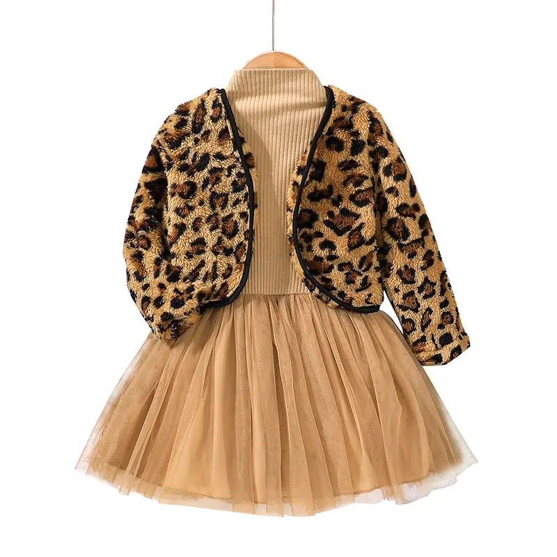 Conjunto de roupas infantis, conjunto para meninas de 4-7 anos, estampa de leopardo, casaco e saia, duas peças