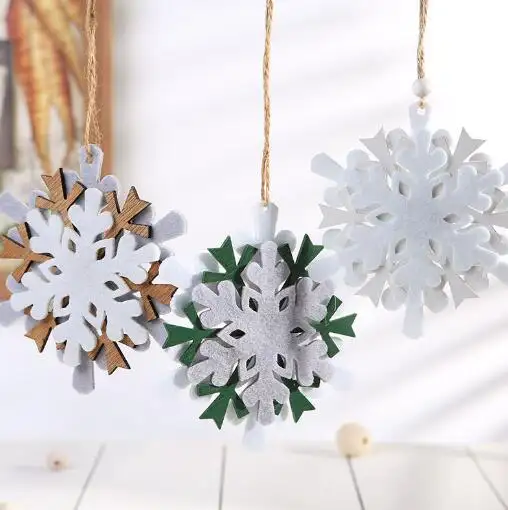 Nouveau feutre flocon de neige pendentif en bois décoration d'arbre de Noël flocon de neige petit pendentif artisanat en bois