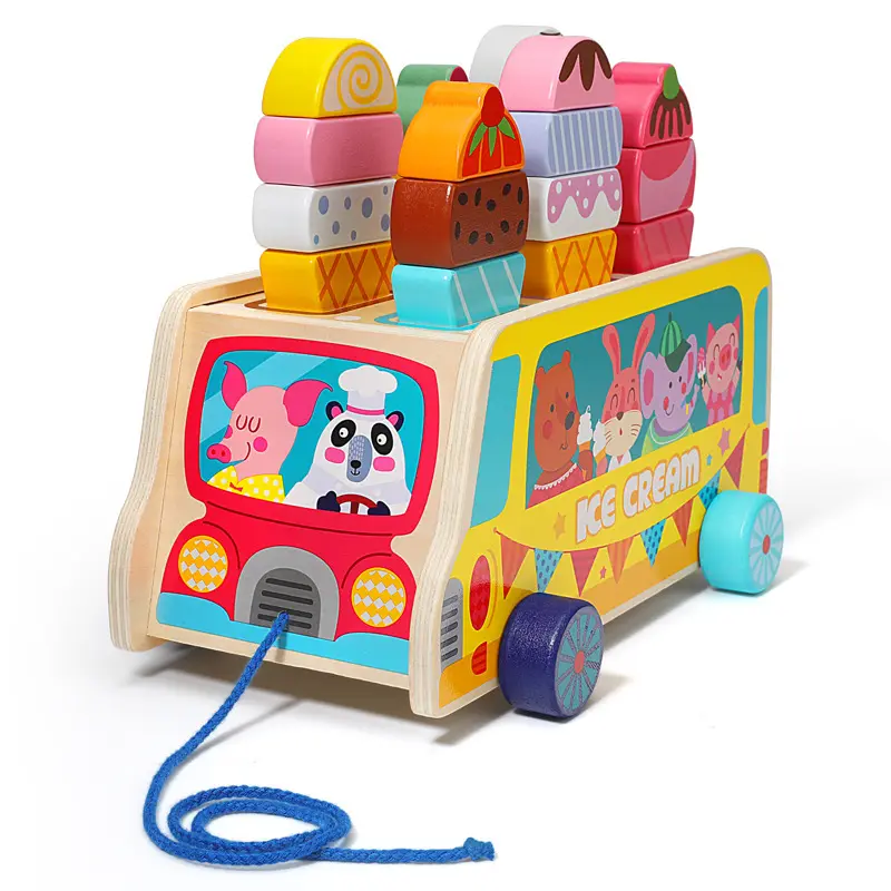 COMMIKI juguete de madera magnético Diy helado venta coche juguete arrastre camión de helados madera para niños 3D transferencia Unisex rectángulo 1kg
