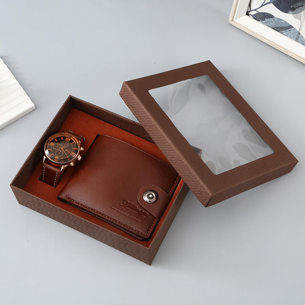Brown 3-Piece Set (wallet + Watch + Gift Box)