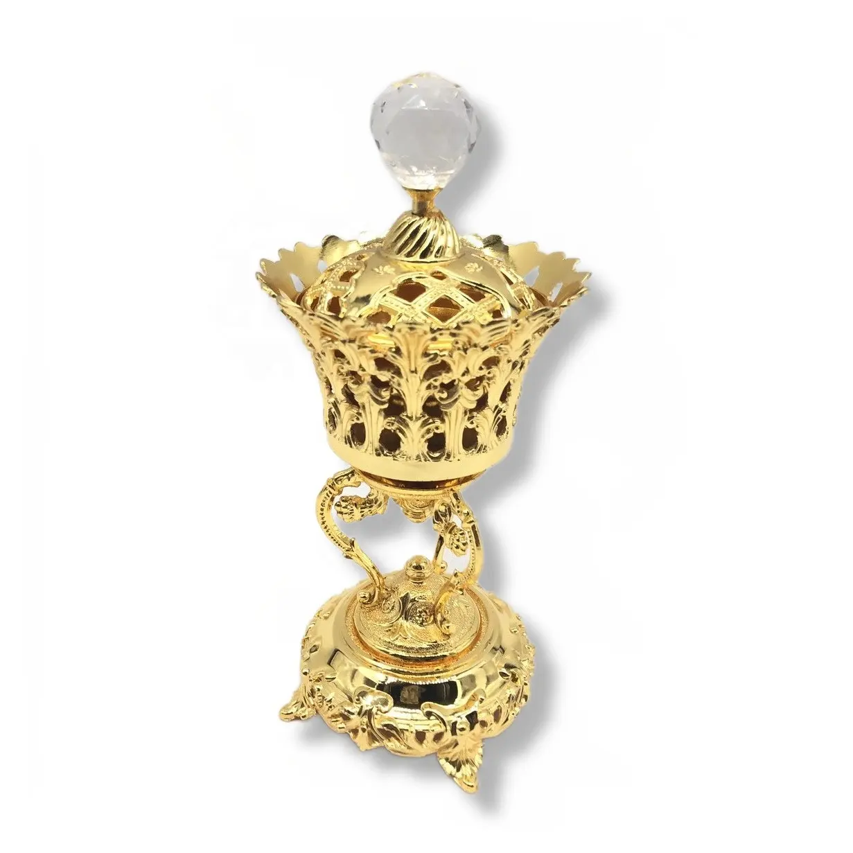 Bruciatore placcato oro per uso domestico di lusso con supporto piccolo e coperchio a sfera di cristallo