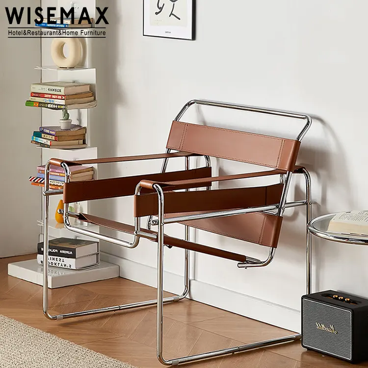 Мебель WISEMAX, Классическая дизайнерская домашняя мебель, акцентное кресло из нержавеющей стали и кожи черного цвета для гостиной