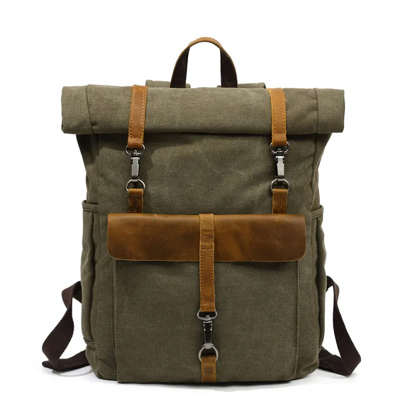 Vintage waterproof canvas outdoor travel roll top pack fashion sport backpack