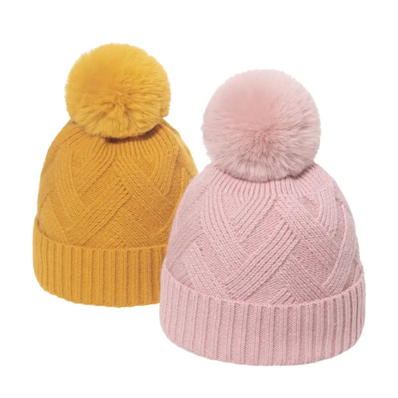 Mother baby toy knitting letter fuzzy handmade pom knit cap hats winter chunky faux fur women beanies
