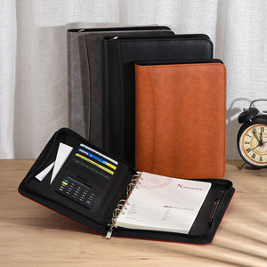 Promoción de alta calidad A5 cuero 6 anillo con carpeta de cremallera Cuaderno de cuero Pu con una calculadora para juego de regalo de negocios - Product Image 2